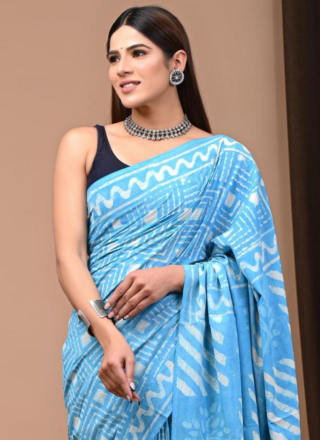 Cotton Light Blue Casual Wear Printed Saree